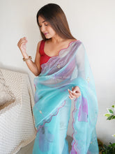 Vachi elegant Floral Printed Cutwork Pure Organza Blue Saree